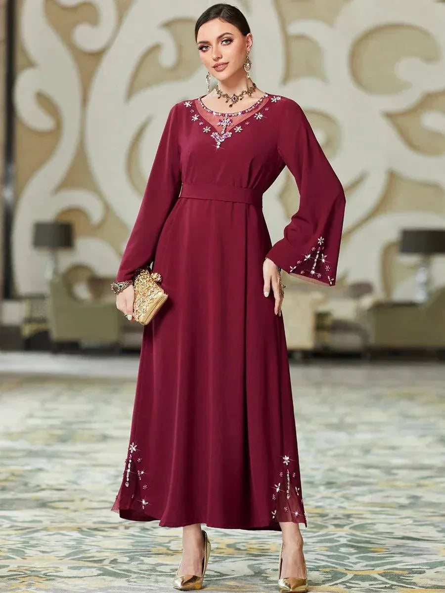 Pure Handwork Rhinestone Red Long Dress For Muslim Women Chic Hollow Out Full Sleeve Belted Dubai Moroccan Robe