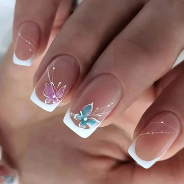 Instantly Upgrade Your Look With 24pcs-White-edged butterfly short square full-coverage false nail set