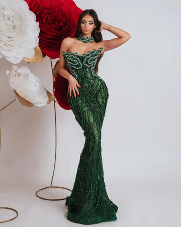 Dark Green Shining Sequin Neck Chain Strapless Ankle Length Dress Woman Cocktail Party Dress Celebrity Birthday Party Vestido