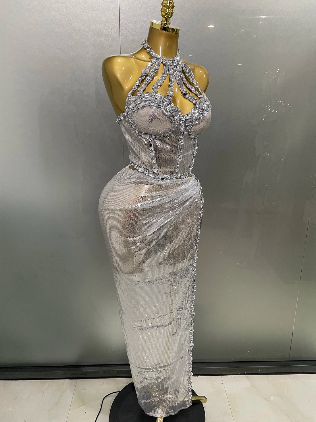 Sexy Luxury Shiny Diamond Sequins Cocktail Dress 2Pcs Set New Women Evening Celebrate Birthday Party Nightclub Stage costume