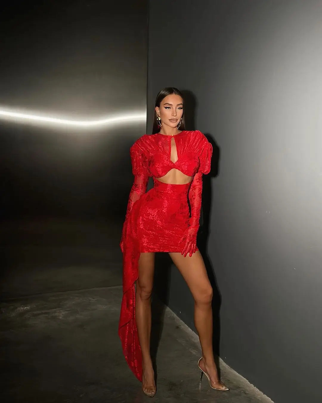 Red White Women Long Sleeve Sexy Lace Draped Bodycon Mini Dress Gloves Nightclub Party Celebrate Birthday Dress