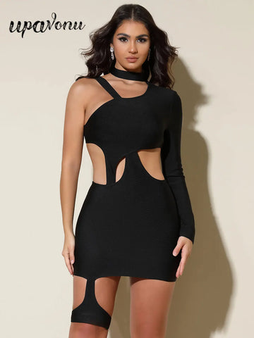 2025 Spring Women's Sexy Asymmetric Bandage Dresses Stand Collar Single Shoulder Long Sleeve Bodycon Hollow Mini Dress Vestidos
