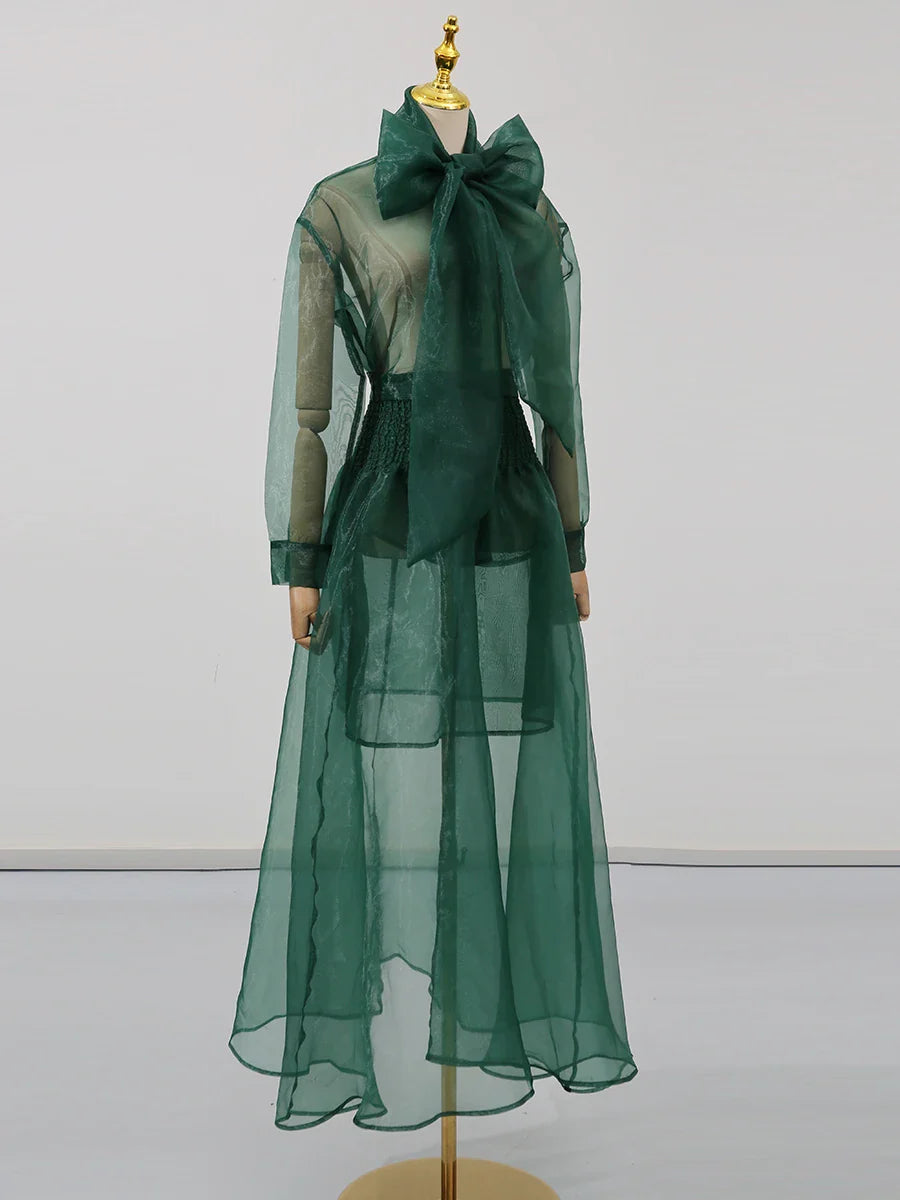 Solid Sheer Two Piece Sets for Women Round Neck Long Sleeves Spliced Bowknot Top High Waist Skirt Set Female New