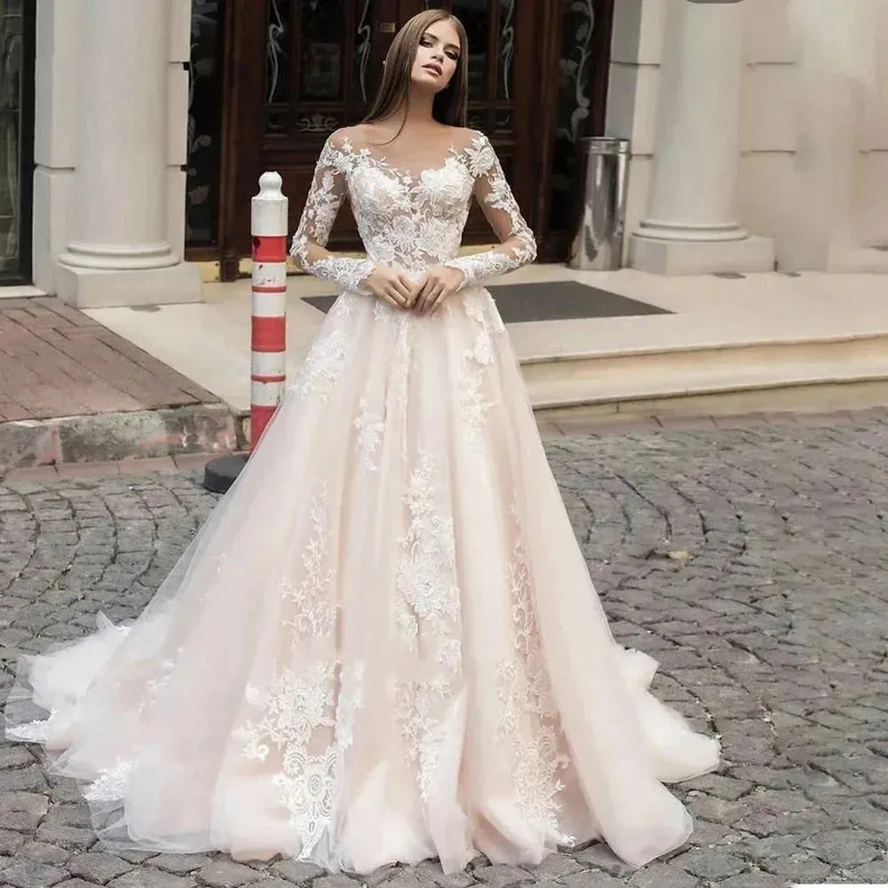 Exquisite Wedding Dresses For Women A-Line Luxury Bridal Gowns Lace Appliques Long Sleeves O-Neck Vintage Vestidos De Novia As pics