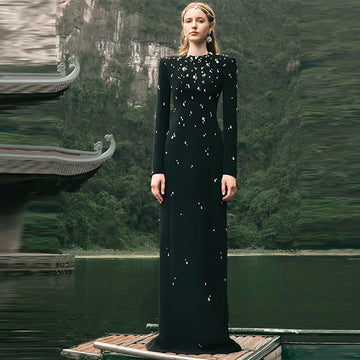 Top Quality Women Long Sleeve Shinning Crystal Bodycon Long Bandage Dress Elegant Evening Party Occation Celebrate Outfit