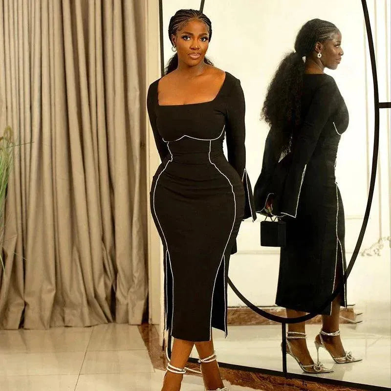 Sexy Rhinestone Black Dress Women Hipster Square Collar Full Sleeve Split Bodycon Midi Dresses Autumn Party Clubwear YY2344