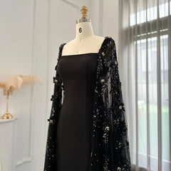 Luxury 3D Flowers Black Satin Arabic Evening Dress with Cape Elegant Mermaid Long Women Formal Party Gowns