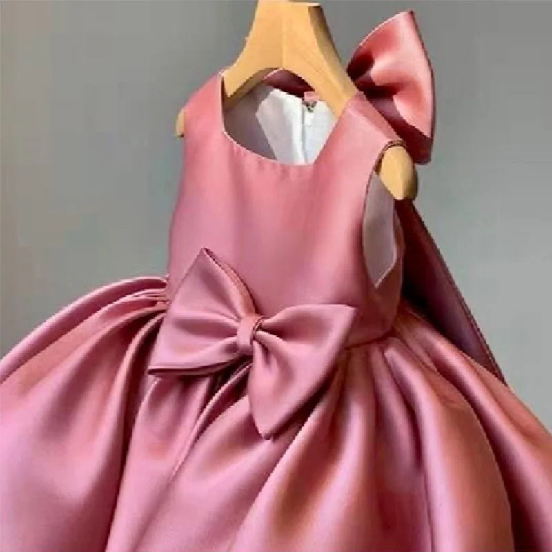 Children's Clothing Solid Color Princess Dresses Summer Korean Pleated Splicing Bow Sleeveless Girls Birthday Evening Dress