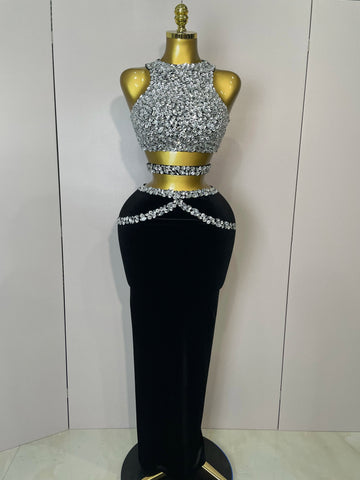 Women Sparkly Rhinestone Two-piece Set Sexy Velvet Singer Nightclub Outfit Celebrate Birthday Elegant Party Dresses