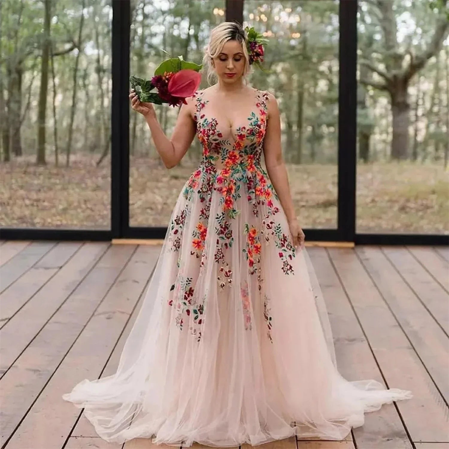 Vestido suelto con falda de hada para dama de honor de boda, línea A, vestido de gala morado, vestidos de gala de lujo de malla, vestido de baile con flores