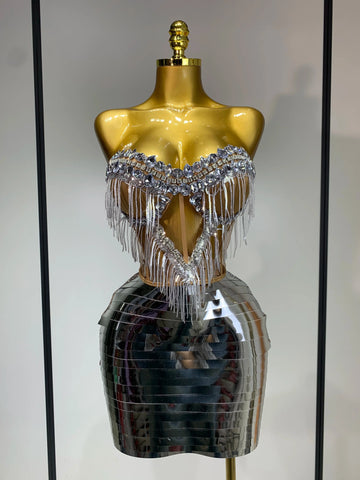 Sparkly Sliver Rhinstones tassels Top Skirt Two Piece Set Women Sexy Strapless Nightclub Birthday Evening Party Stage Outfit