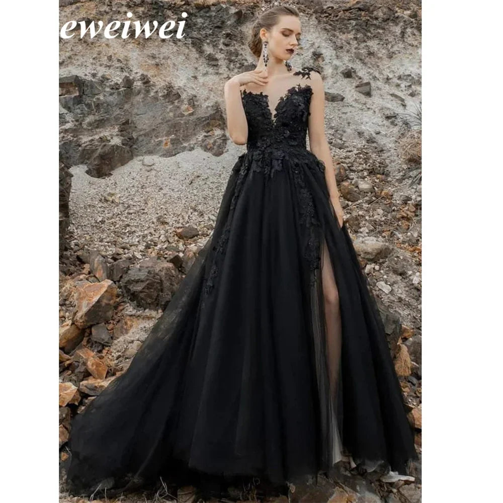 Vestidos de fiesta negros góticos sexys con espalda descubierta y abertura lateral alta, vestido de noche de corte A, vestidos de fiesta formales de encaje con velo, bata de noche