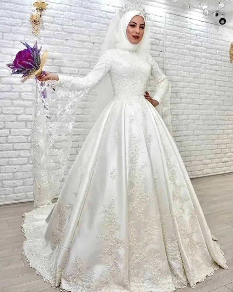 Modest Muslim Wedding Dresses For Women A Line High Neck Long Sleeves Arabic Islamic Bridal Gowns Lace Applique Vestido De Noiva Ivory