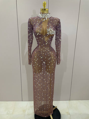 Shining Rhinestones Sexy Mesh See Through Long Dress Women Birthday Celebrate Evening Singer Show Stage Wear Photo Shoot Dress