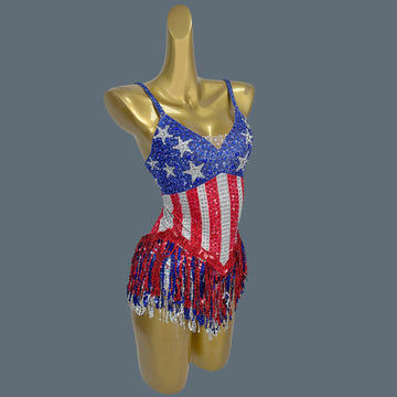 Sparkly Rhinestone Five Pointed Star Tassel Bodysuit Sexy Women Dance Performance Bodysuit Latino Dance Team gig Wear Maxituan