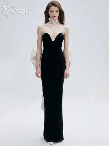 VC Glamorous Black Mermaid Strapless V-Neck Dress Gown with Bow Detail for Galas Wedding Party