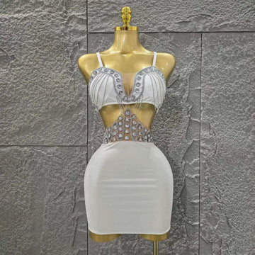 STOCK White Color Women Sleeveless Sexy Shinning Diamond Bodycon Mini Dress Birthday Party Celebrate Nightclub Outfit Vestido