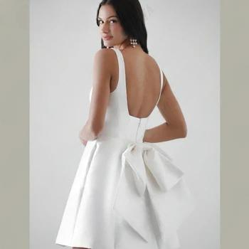 Short Mini Satin Wedding Dress Square Collar Removable Bow Robe De Mariee Spaghetti Straps Backless A-line Bride Party