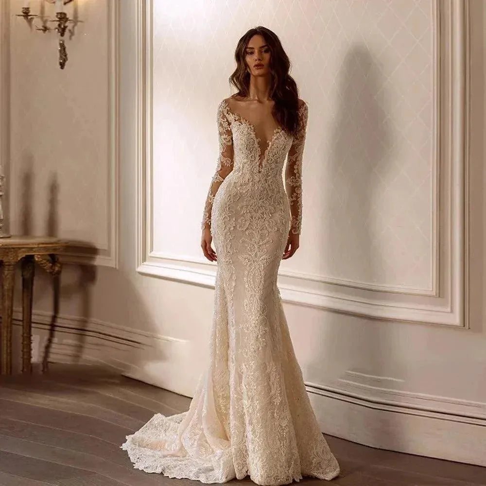 Graceful Mermaid Wedding Dresses Scalloped Neck Long Sleeve Embroidery Detachable Train Bridal Gown Robe Vestido De Novia 14W Mermaid