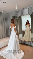 Vestidos de novia de satén suave, corte A, sin mangas, hombros descubiertos, vestidos de novia con cola larga, vestidos de fiesta de boda 