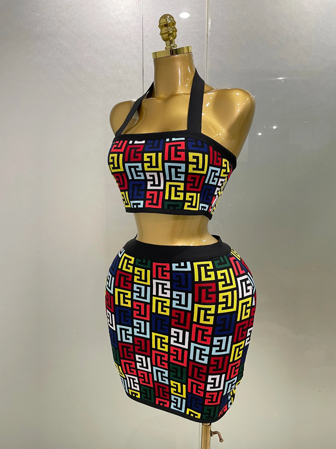 Women  New Sexy Backless Halter Jacquard Two Piece Mini Skirt Bandage Set Celebrity Designer Evening Party Women's Set