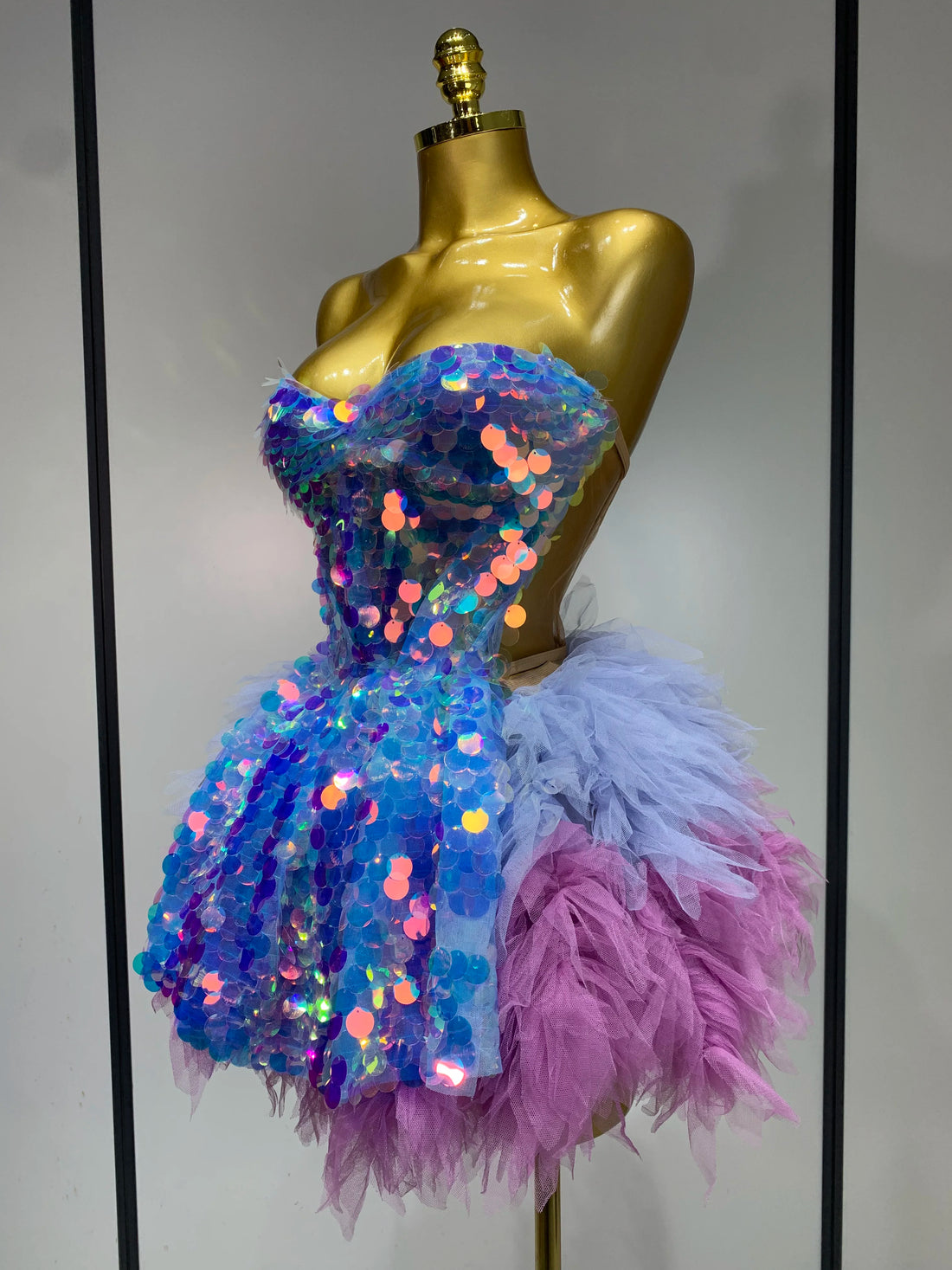 Sparkly Sequins Ruffles Two Pieces Set Sexy Backless Top Skirt Set Nightclub Performance Dance Dress Singer Stage Outfit