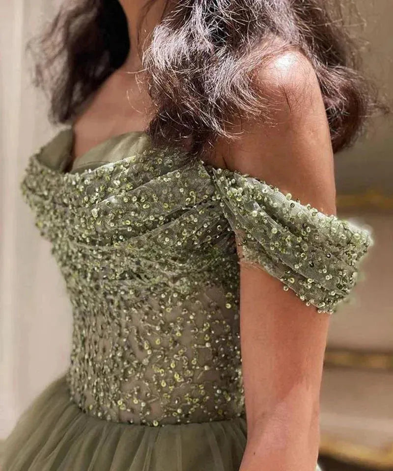 Aileen Green Prom Dress for Women A-word Handmade Sequins Luxury Woman Party Dress Party Evening Elegant Luxury Celebrity Robe green