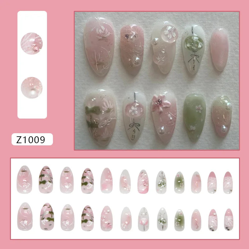24pcs Sweet Almond Fake Nail Tips Hand-painted Flower Pearl Pattern Blush Pink Press On Nails Gentle Ins Style False Nails