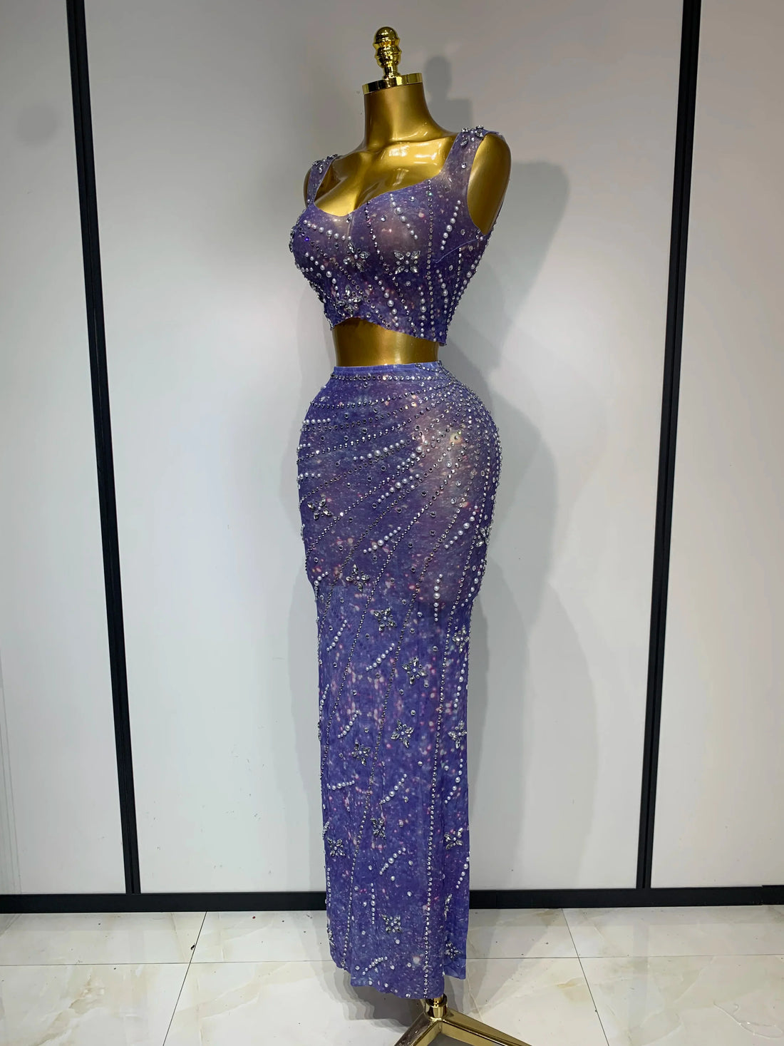 Sparkly Rhinestones Top Long Skirt Two Pieces Set Women Celebirty Luxury Birthday Dress Nightclub Stage Performance Costume