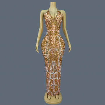 Women's Sexy Backless Strap Deep V Neck Dress Elegant Rhinestone Evening Dress Birthday Celebrate Party Queen Maxi Dress huangye