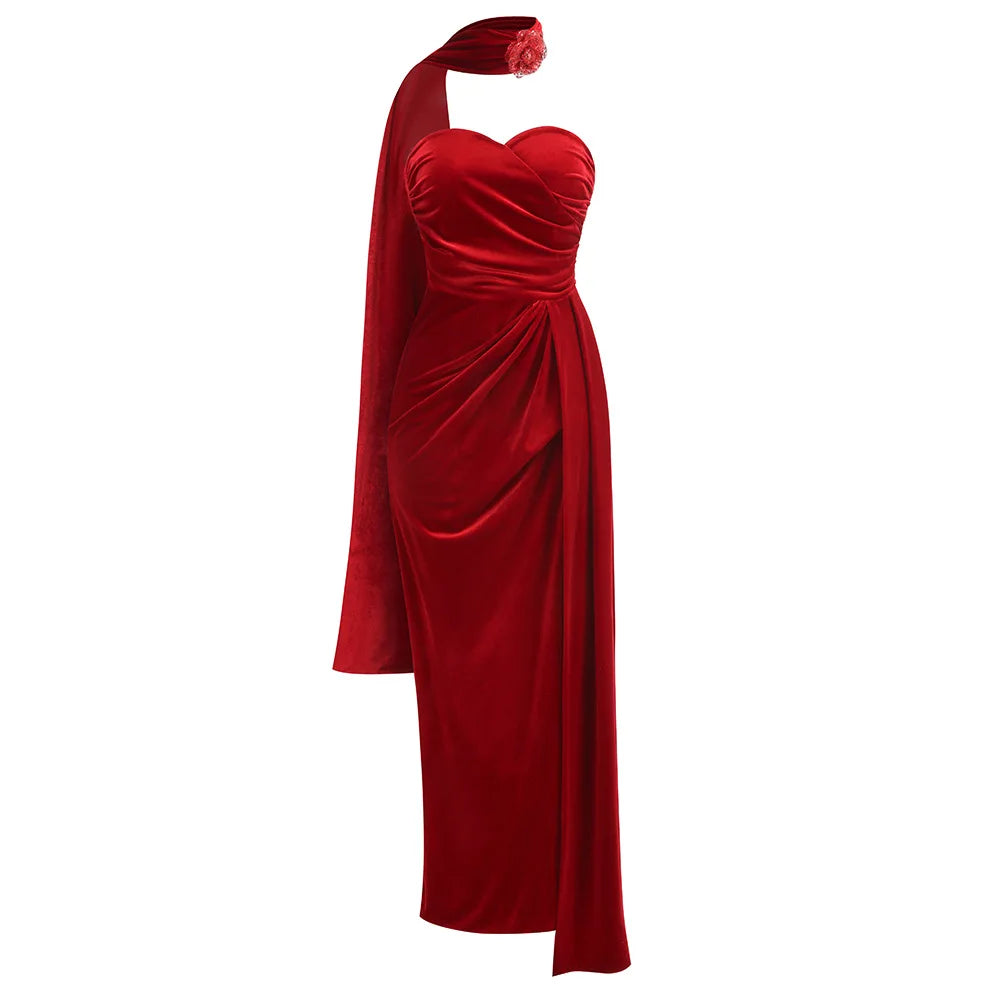 Red Color Women Sexy Strapless High Split Velvet Bodycon Long Dress Celebrate Fashion Mermaid Cocktail Party Outfit