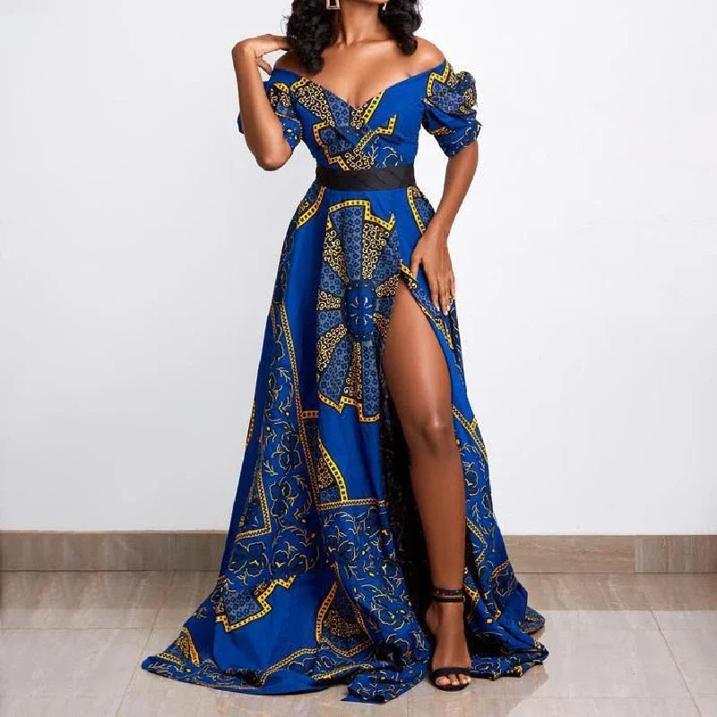 African Women Dress Dashiki Print Ankara Dresses Summer Sexy V-neck Backless High-waist Maxi Dress Kanga Clothing