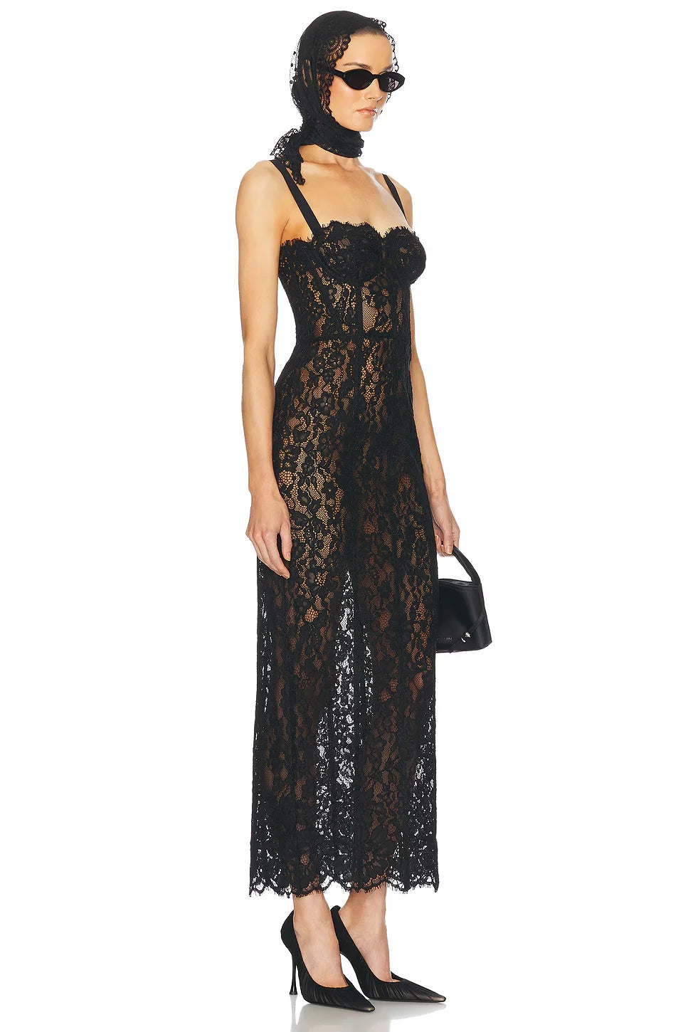 Black Color Women Sleeveless Sexy Strap Square Collar Lace Bodycon Long Dress Nightclub Party Celebrate Evening Outfit