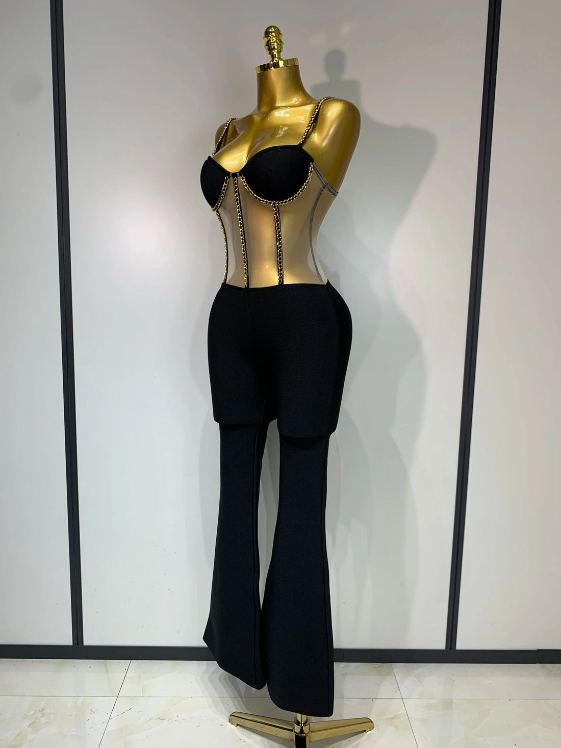 Women Luxury Sexy Sleeveless Mesh Chain Black Bodycon Bandage Jumpsuit  Fashion Party Celebrity Designer High Street Rompers