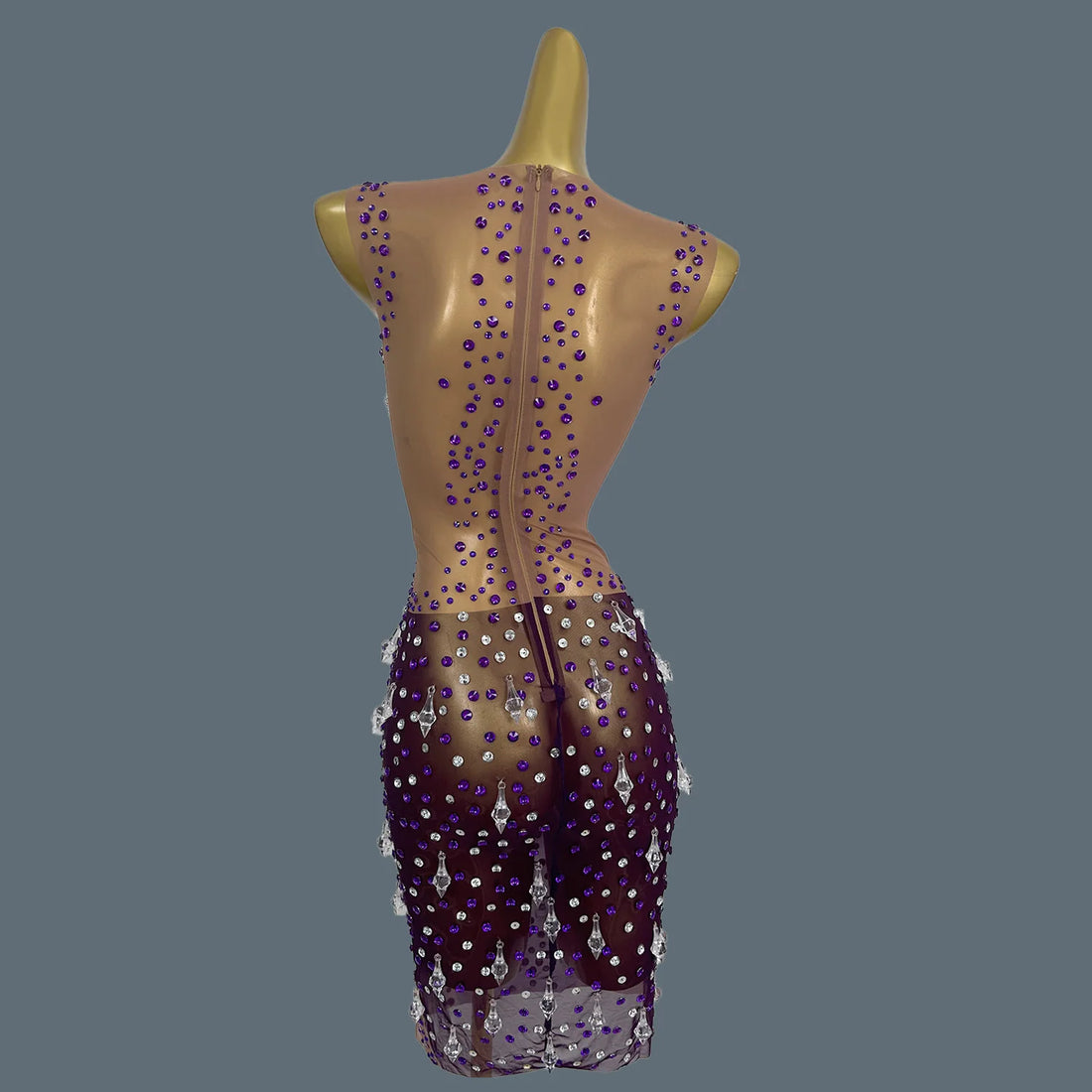 Purple Chic Dress Shine Rhinestone Crystals Sheer Mesh Hot Mini Dress Celebrate Party Wear Sheath Dress See Through Dress Shizhu