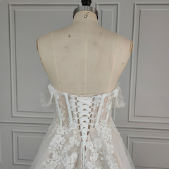 Luxe Shimmer Tule Off Shoulder Wedding Jurk met geborduurde 3D -bloemen lieverd gezwollen veter op maat gemaakte bruidsjurken