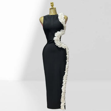 White Petal Edge Hollow Out Sleeveless Sheath Black Bandage Ankle Lengh Dress Woman Party Vestido Celebrity Cocktail Outfit