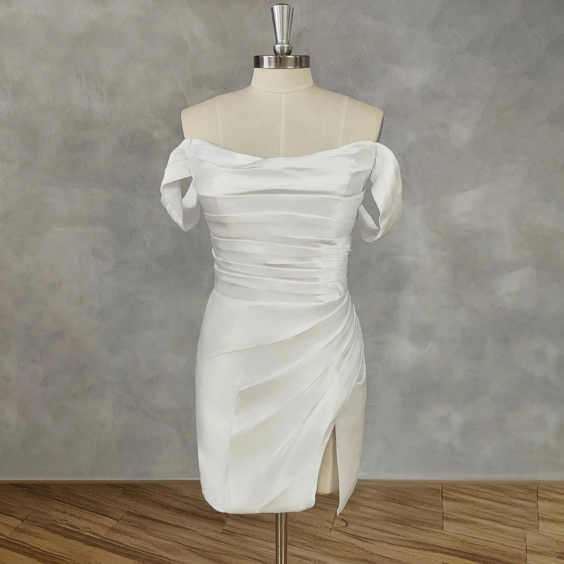 Off Shoulder High Side Slit Short Wedding Dress Flowers Sheath Zipper Back Above Knee Mini Bridal Gown Ivory Satin Short Wedding Dress