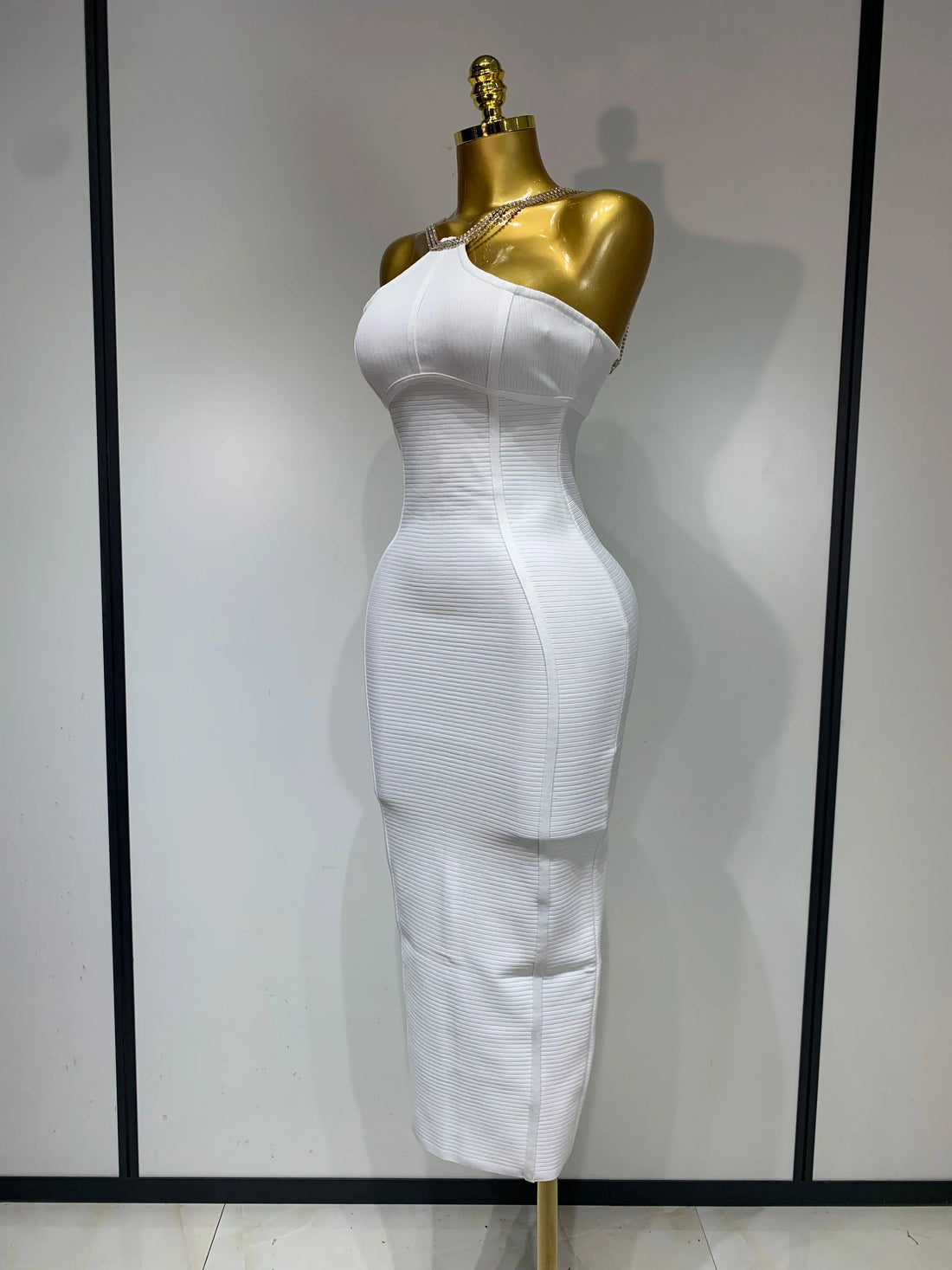 Sexy Sling Backless Crystal Diamonds Chain Bodycon Bandage Dress  White Elegant Evening Club Luxury Birthday Party Dresses