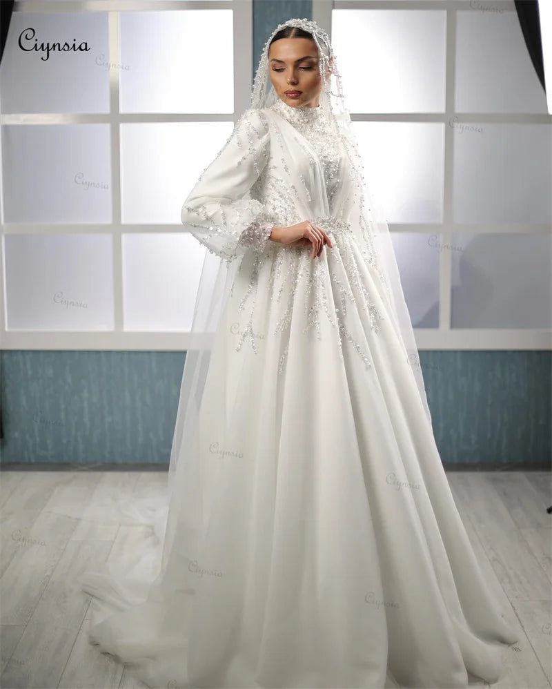 Vestidos de novia musulmanes de lujo con hiyab para mujer, vestido de novia de manga larga con cuentas y perlas en forma de A