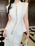 Solid Two Piece Sets for Women Round Neck Sleeveless Patchwork Sequin Vest High Waist Sheer Skirt Set Female New WHITE