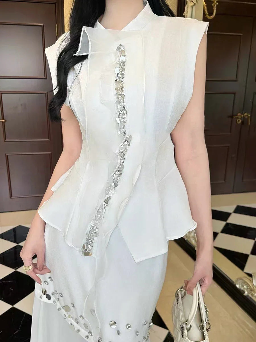Solid Two Piece Sets for Women Round Neck Sleeveless Patchwork Sequin Vest High Waist Sheer Skirt Set Female New WHITE