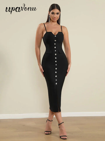 2025 Sexy Women'S Bandage Dress Spaghetti Strap Sleeveless Rhinestone Button Design Bodycon Backless Split Midi Dresses Vestidos