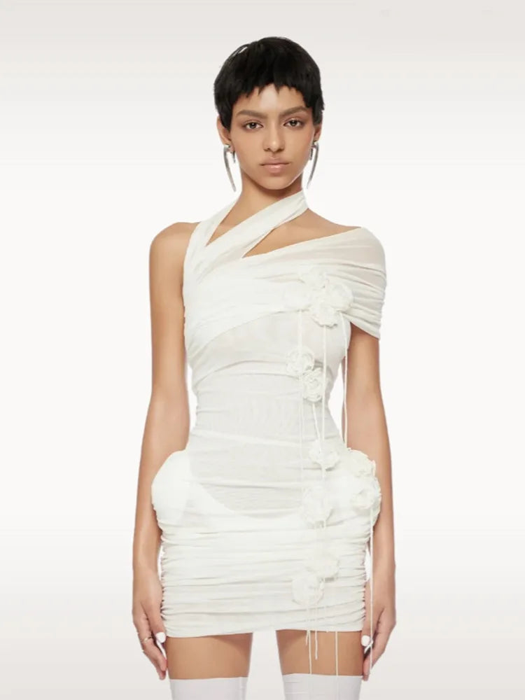 White Color Women Sexy Halter Florals Mesh See Through Bodycon Mini Dress Celebrate Fashion Nightlcub Party Outfit Wholesale