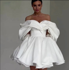 Abito da sposa corto Sweetheart Off spalla spalla senza spalla su abito da sposa piega arricciata sopra il ginocchio Vestido de noiva