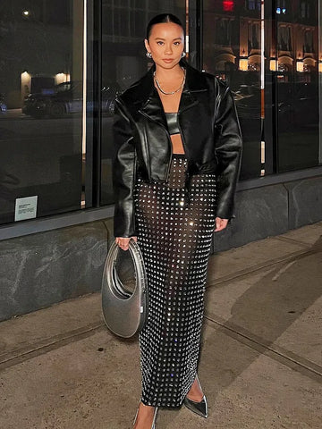 Shining Square Diamonds Sexy Mesh See Through Black Long Skirt Fashion Woman High Street Wear Evening Party Outfit