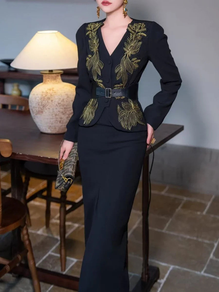 TWOTWINSTYLE Solid Spliced Appliques Two Piece Sets for Women V Neck Long Sleeve Top High Waist Split Skirts Elegant Set Female