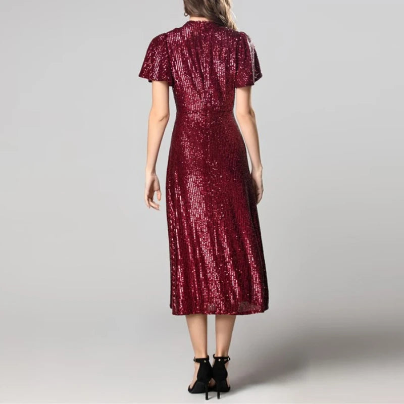 TWOTWINSTYLE Solid Spliced Sequins Fashion Dresses for Women Round Neck Short Sleeves Patchwork Folds Elegant Dress Female New