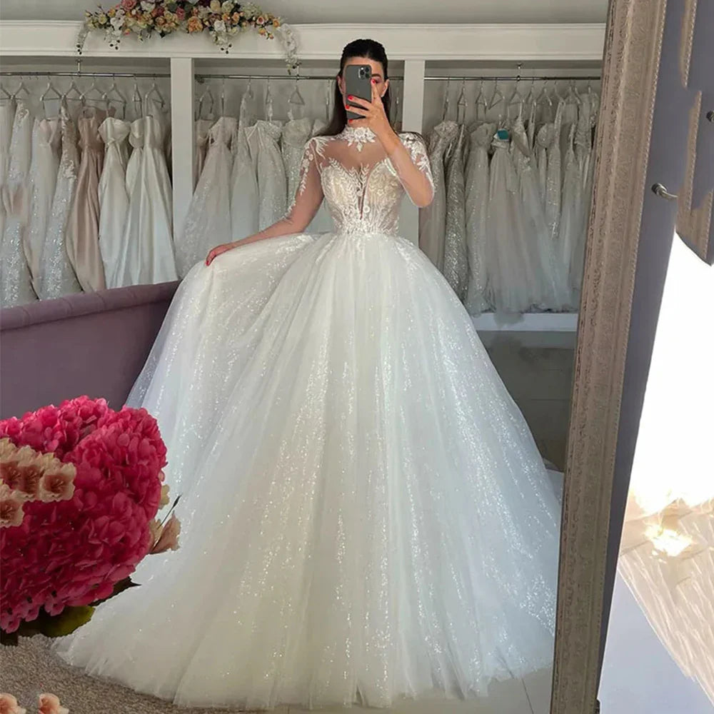 Long Sleeve Mermaid Wedding Dresses 2023 New High Collar Exquisite Lace Appliques Elegant Fluffy Mopping Bride Dresses Women