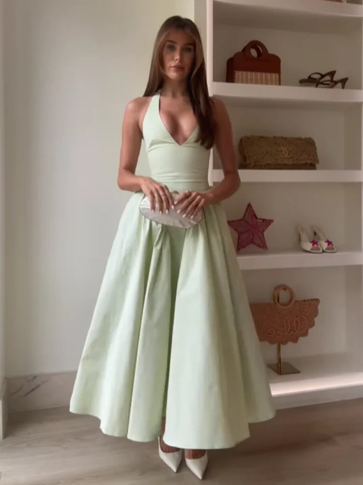 Elegant V Neck Green Long Dresses Women Fashion High Waist A-line Halter Midi Vestidos New Summer Lady Evening Party Dress 2025 Khaki